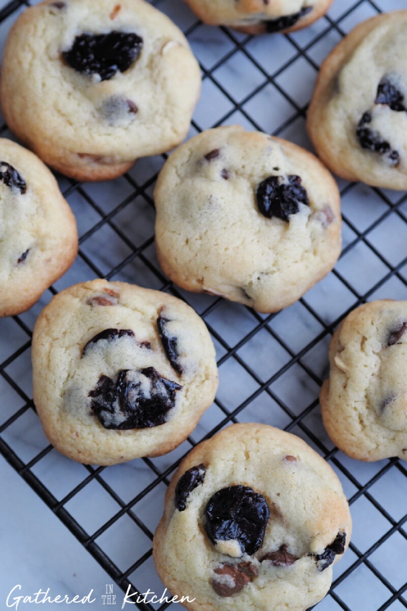 Soft cherry chocolate chip cookie with a bite taken out showing melted chocolate. | Gathered In The Kitchen 