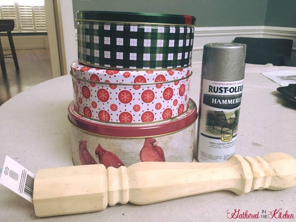 Turn old Christmas Cookie Tins into a Beautiful Farmhouse 3 Tier Stand