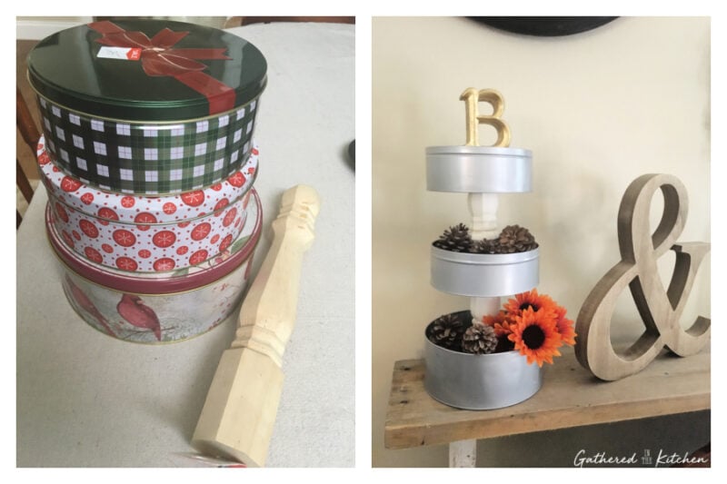 Before and after photo showing stacked Christmas cookie tins transformed into a painted DIY tiered stand decorated with pinecones and flowers | Gathered In The Kitchen 