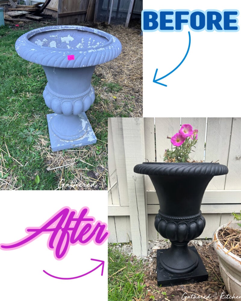 Before and after image showing a chipped, worn flower urn transformed into a beautifully painted black planter styled near a garden fence with fresh flowers. | Gathered In The Kitchen