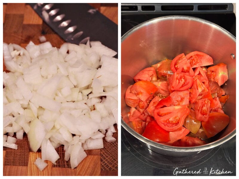 Side-by-side photo showing chopped onions on a cutting board and a pot filled with fresh garden tomatoes, the first steps in making homemade tomato basil sauce for water bath canning. | Gathered In The Kitchen 