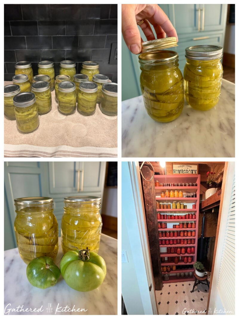 Cooled jars of sliced green tomatoes sitting on a counter overnight after water bath canning, with rings removed and ready for storage in a dark pantry. | Gathered In The Kitchen 