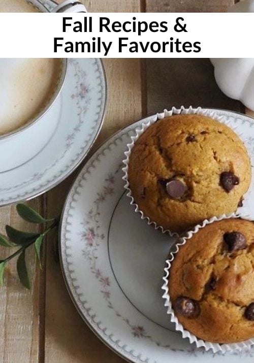 Two chocolate chip pumpkin muffins on a floral china plate with a cup of coffee — cozy fall recipe and family favorite treat. | Gathered In The Kitchen 
