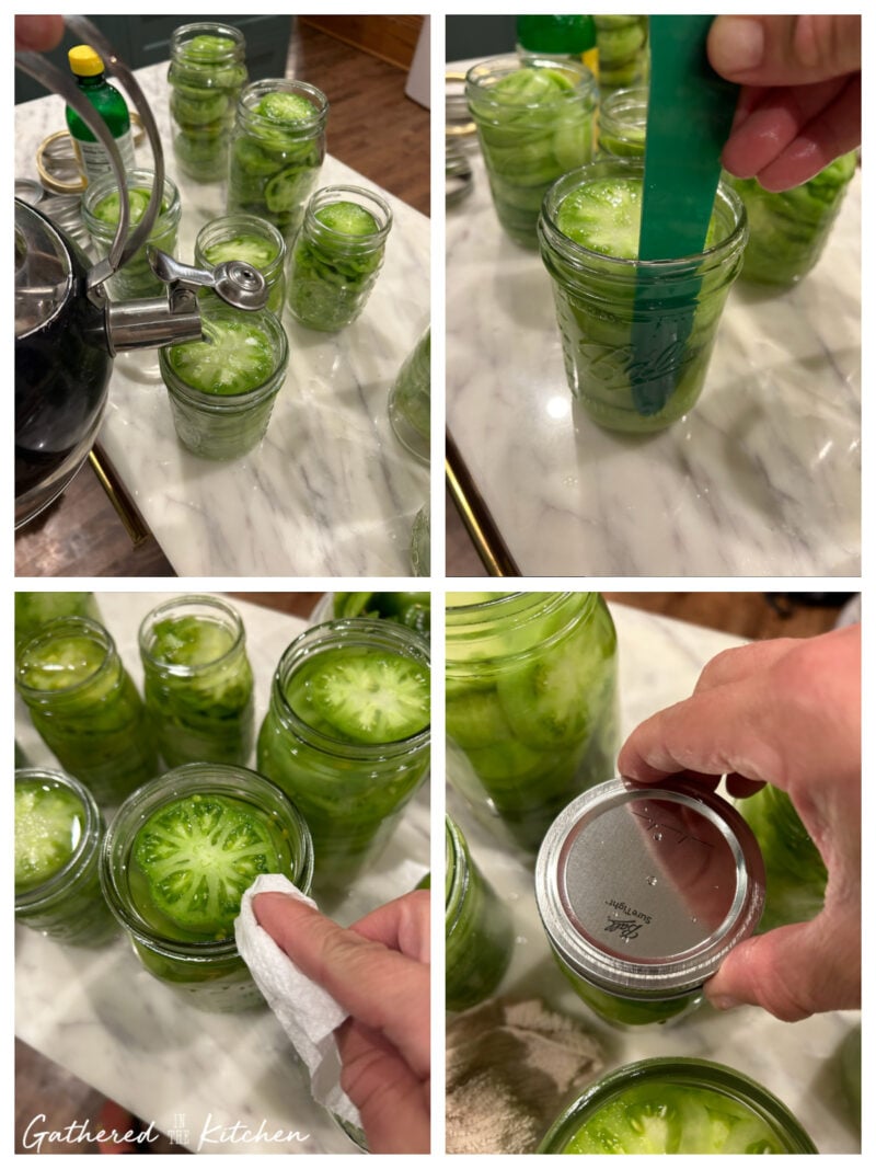 Collage showing the process of filling jars with sliced green tomatoes, adding hot water, removing air bubbles with a canning tool, wiping jar rims, and placing lids before sealing for water bath canning. | Gathered In The Kitchen 