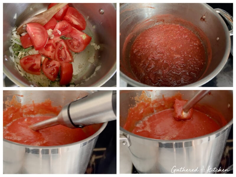 Four-step collage showing the process of making homemade tomato basil sauce: fresh tomatoes and onions in a pot, sauce simmering, and blending the mixture into a smooth tomato sauce for water bath canning. | Gathered In The Kitchen 