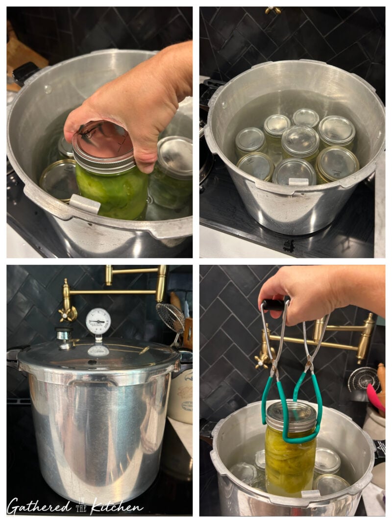 Collage showing the process of placing jars of sliced green tomatoes into a large water bath canner, jars submerged during processing, the canner with lid on and gauge, and safely removing hot jars with a jar lifter. | Gathered In The Kitchen 