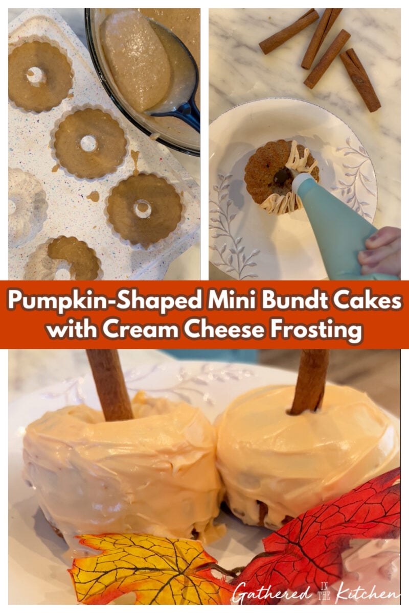 Collage showing step-by-step process of making pumpkin-shaped mini bundt cakes: spooning cake mix batter into silicone molds, piping frosting, and finishing with orange icing and cinnamon stick stems.