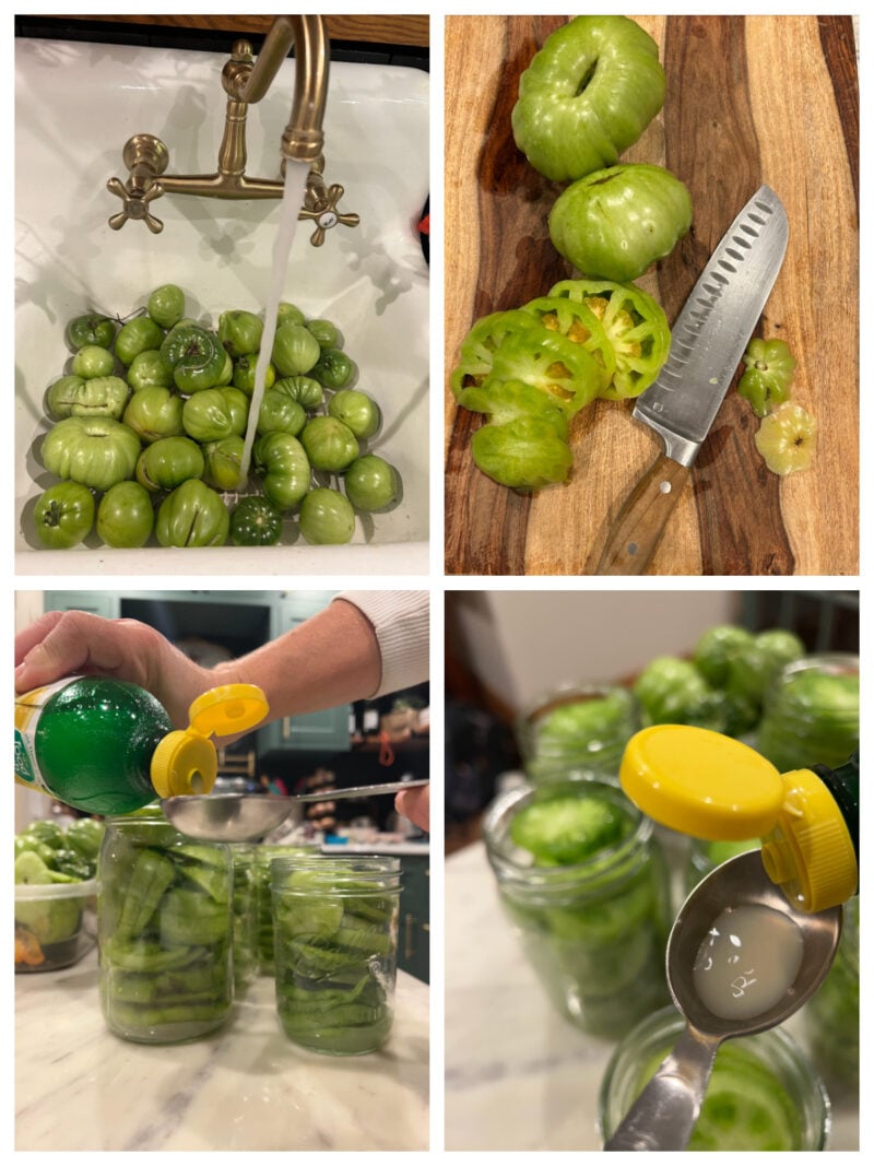 Collage of canning steps showing green tomatoes being washed in a sink, sliced on a cutting board, jars being filled, and lemon juice being added for safe water bath canning. | Gathered In The Kitchen 