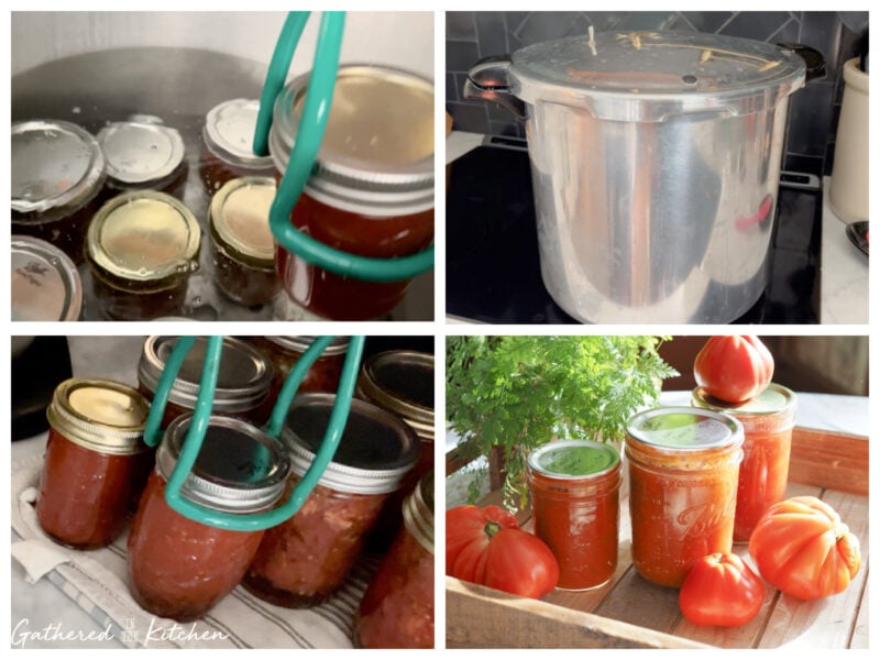 Collage of the water bath canning process: jars of homemade tomato basil sauce being lowered into a canner, sealed jars resting on a towel, and finished jars of canned tomato sauce displayed with fresh tomatoes. | Gathered In The Kitchen 