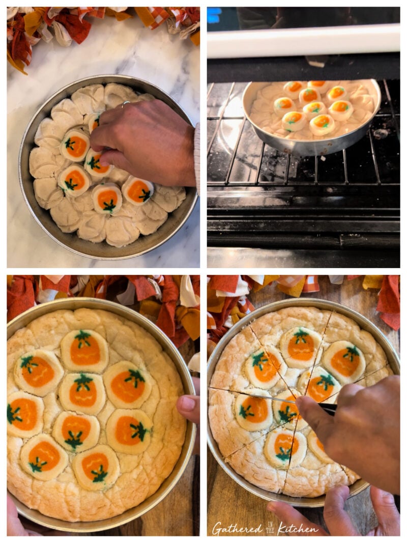 Collage showing the process of making a Pillsbury pumpkin sugar cookie cake: adding pumpkin cookies on top of the dough, baking in the oven, cooling, and slicing like a pie. | Gathered In The Kitchen 
