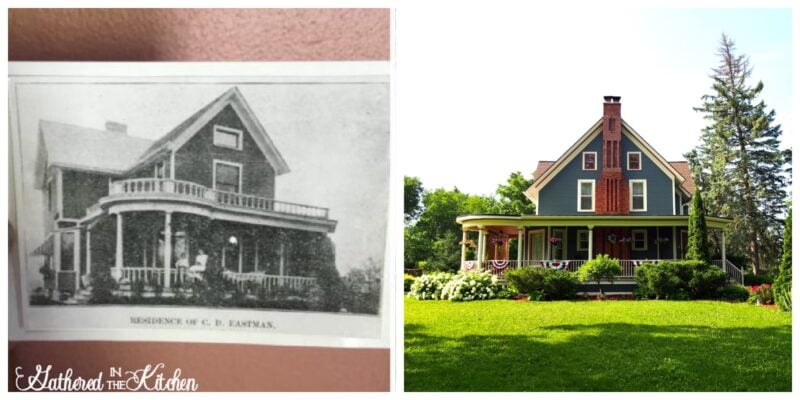 Side-by-side comparison of an 1886 Victorian home: historic black-and-white photo on the left and a modern color photo of the restored house with wraparound porch, painted exterior, and landscaped yard on the right. | Gathered In The Kitchen 