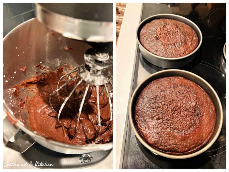 Side-by-side photos showing rich chocolate frosting being mixed in a stand mixer and two freshly baked homemade chocolate cake layers cooling in round pans. | Gathered In The Kitchen 