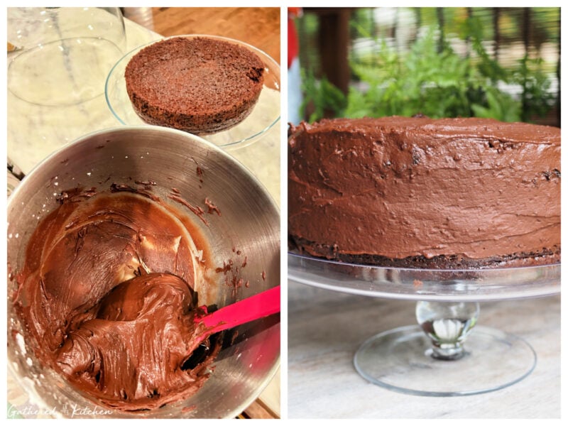Side-by-side photos showing creamy homemade chocolate frosting in a mixing bowl and a finished two-layer chocolate cake frosted on a glass cake stand. | Gathered In The Kitchen 
