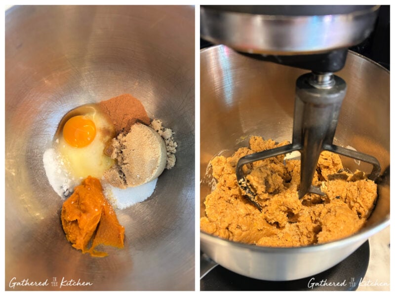 Side-by-side images showing pumpkin purée, sugars, egg, and spices in a mixing bowl, and cookie dough being mixed with a stand mixer paddle attachment. | Gathered In The Kitchen 