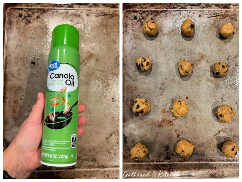 Side-by-side images showing a hand holding canola oil cooking spray over a baking sheet and a tray of evenly spaced pumpkin chocolate chip cookie dough balls ready to bake. | Gathered In The Kitchen 