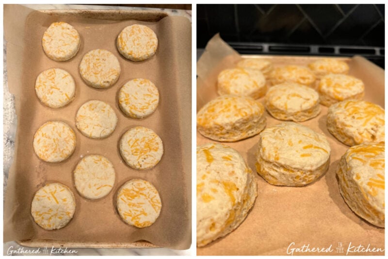 Side-by-side images showing unbaked cheddar biscuit rounds on a parchment-lined baking sheet next to freshly baked, fluffy Bisquick cheese biscuits with golden tops. | Gathered In The Kitchen 