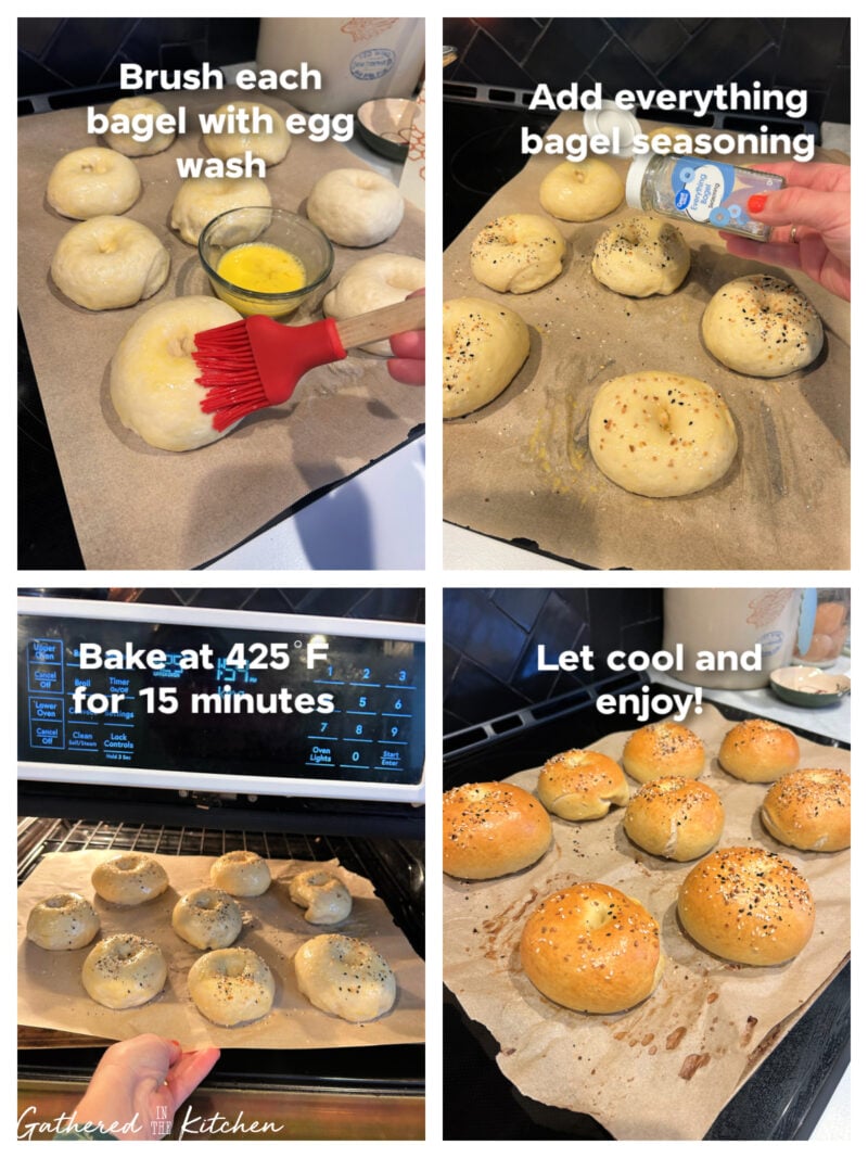 Step-by-step collage showing bagels brushed with egg wash, topped with everything bagel seasoning, baked in the oven at 425 degrees, and cooling on a baking sheet after baking. | Gathered In The Kitchen 
