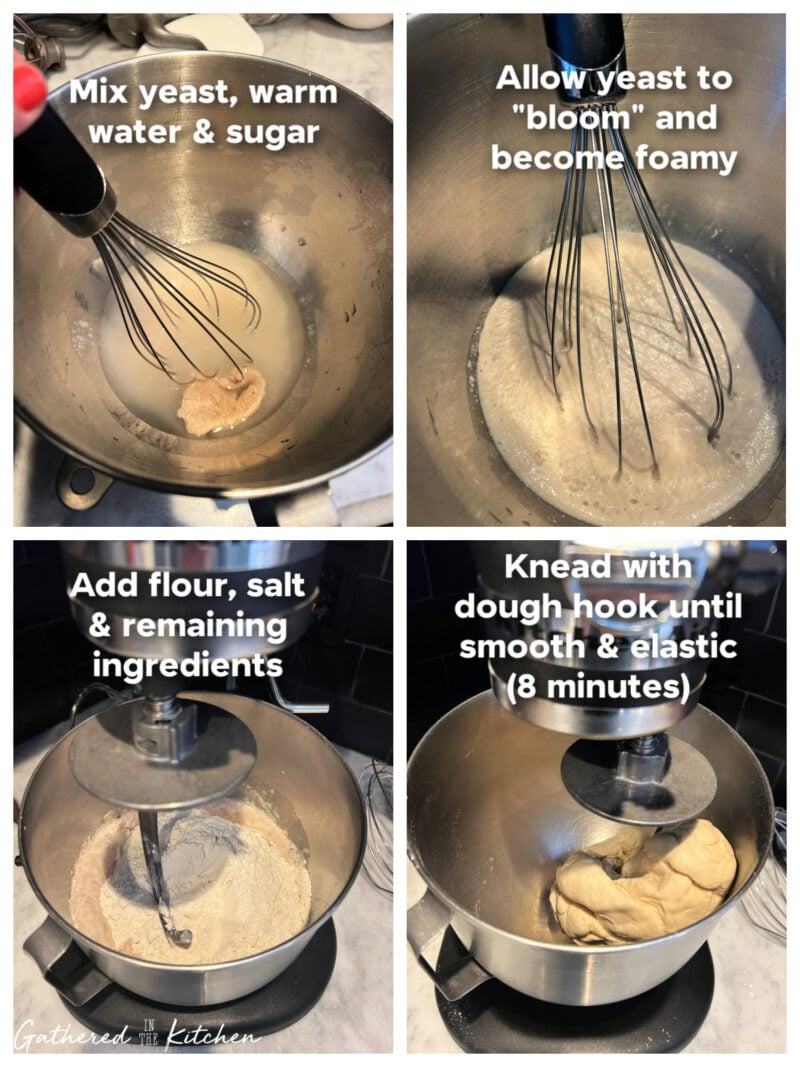 Step-by-step collage showing yeast mixed with warm water and sugar, yeast blooming until foamy, flour added, and bagel dough kneaded with a stand mixer until smooth and elastic. | Gathered In The Kitchen 