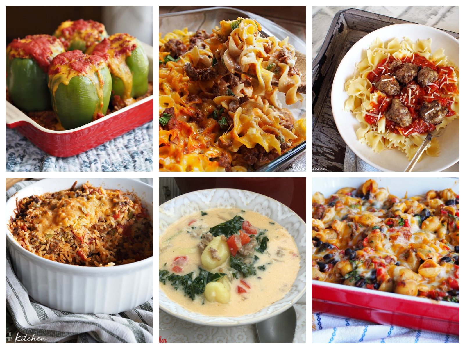 Collage of easy winter comfort food dinners including stuffed peppers, cheesy pasta bakes, meatballs with noodles, creamy soups, and hearty casseroles for cold nights. | Gathered In The Kitchen