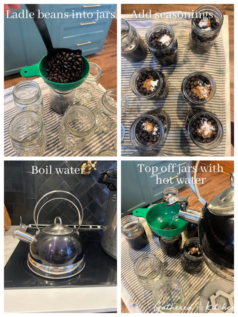 Collage showing parboiled black beans ladled into canning jars, seasonings added to each jar, water brought to a boil, and jars topped off with hot water before pressure canning black beans | Gathered In The Kitchen 