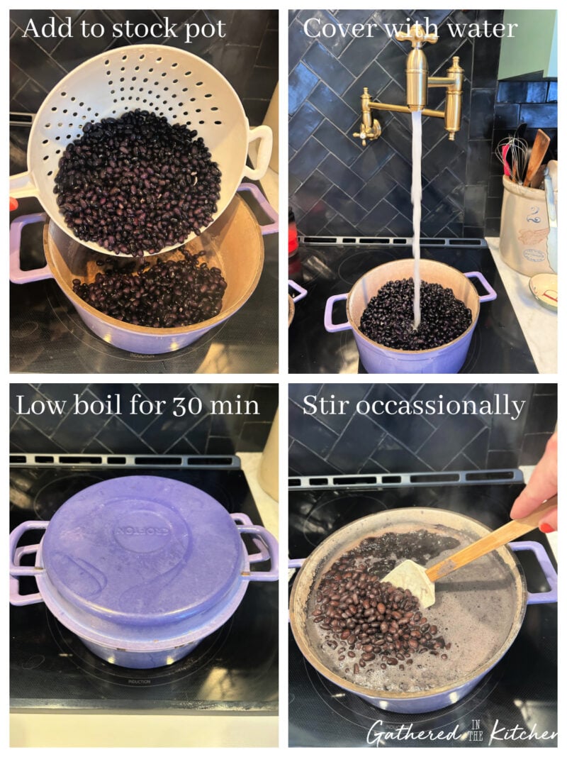 Collage showing soaked black beans added to a stockpot, covered with water, simmered at a low boil for 30 minutes with the lid on, and stirred occasionally during parboiling before pressure canning | Gathered In The Kitchen 