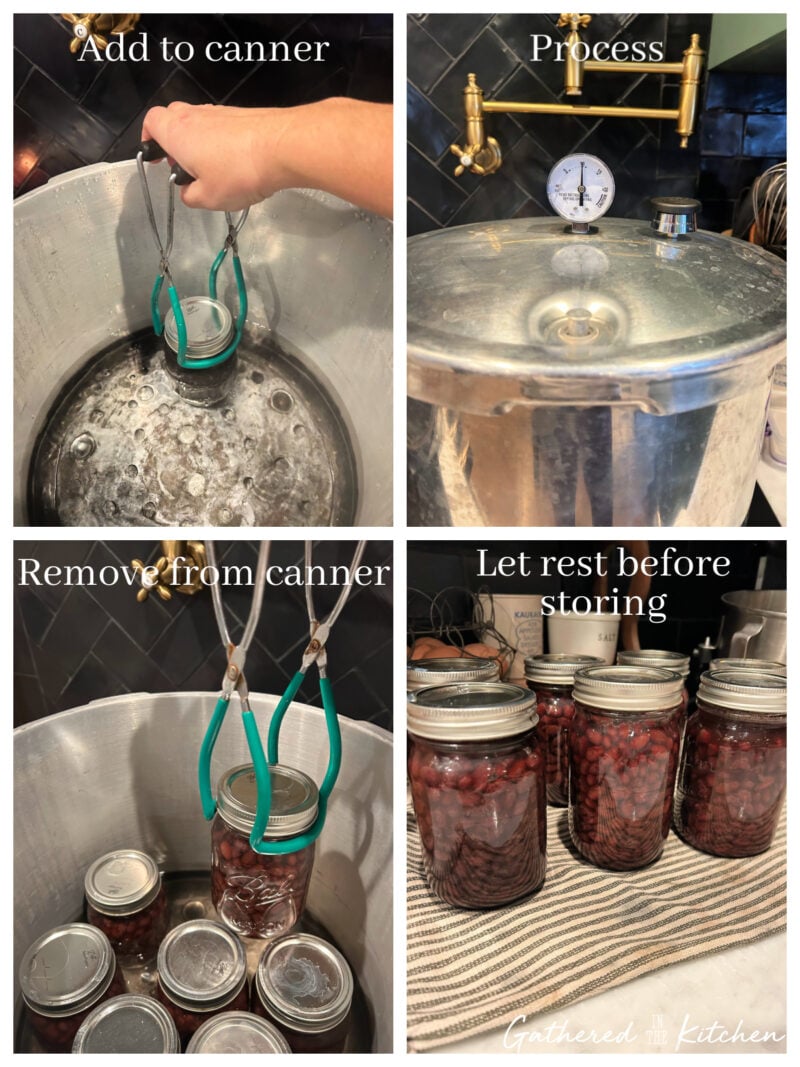 Collage showing jars being placed into a pressure canner, processed under pressure, removed with a jar lifter, and cooling on a towel before storing pressure canned black beans | Gathered In The Kitchen 