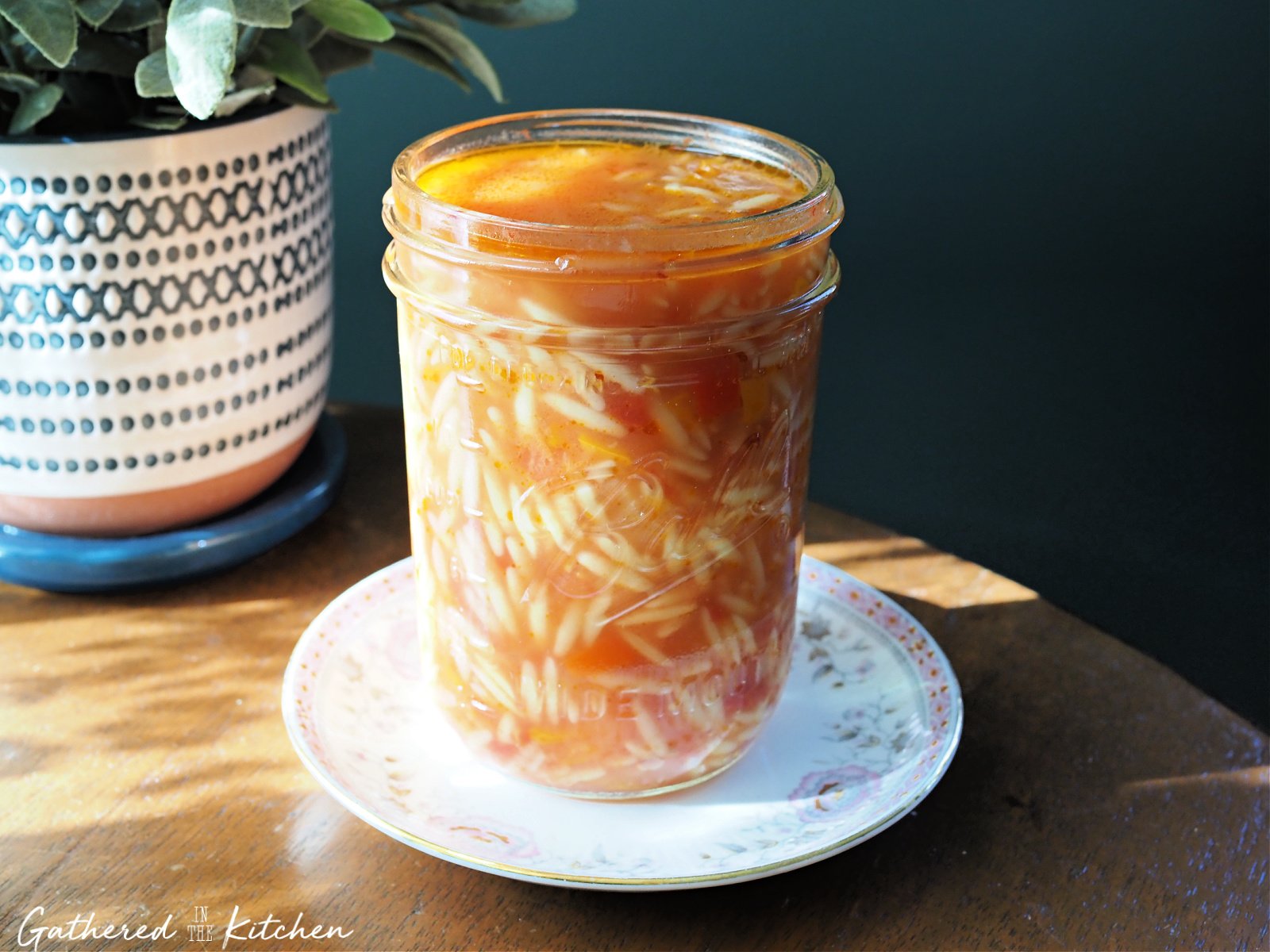 Veggie soup with pasta and bell peppers in a mason jar | Gathered In The Kitchen