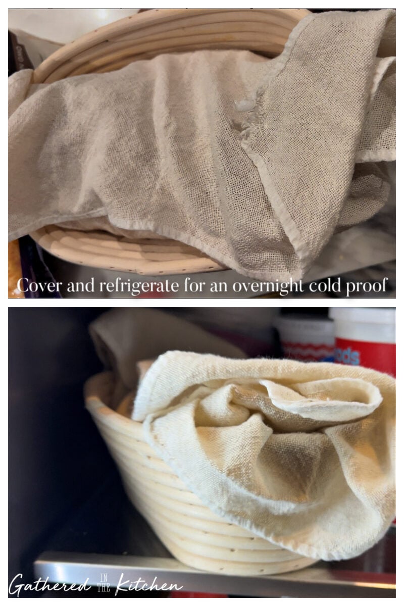 Covered banneton baskets with shaped sourdough dough placed in the refrigerator for overnight cold proofing | Gathered In The Kitchen 