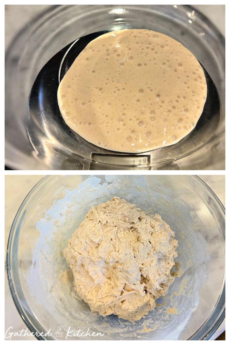 Top image shows weighed sourdough starter on a kitchen scale, bottom image shows sourdough bread dough after the first mixing in a glass bowl | Gathered In The Kitchen 