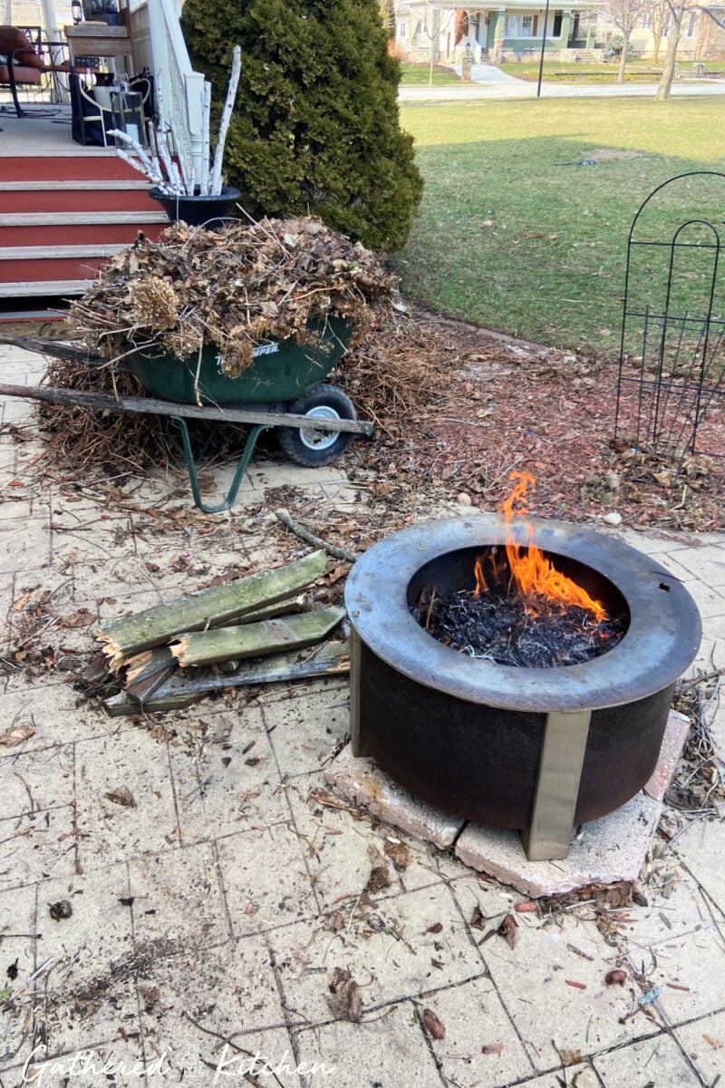 Fire pit burning sticks and branches from garden cleanup with wheelbarrow full of yard debris during spring yard cleanup.