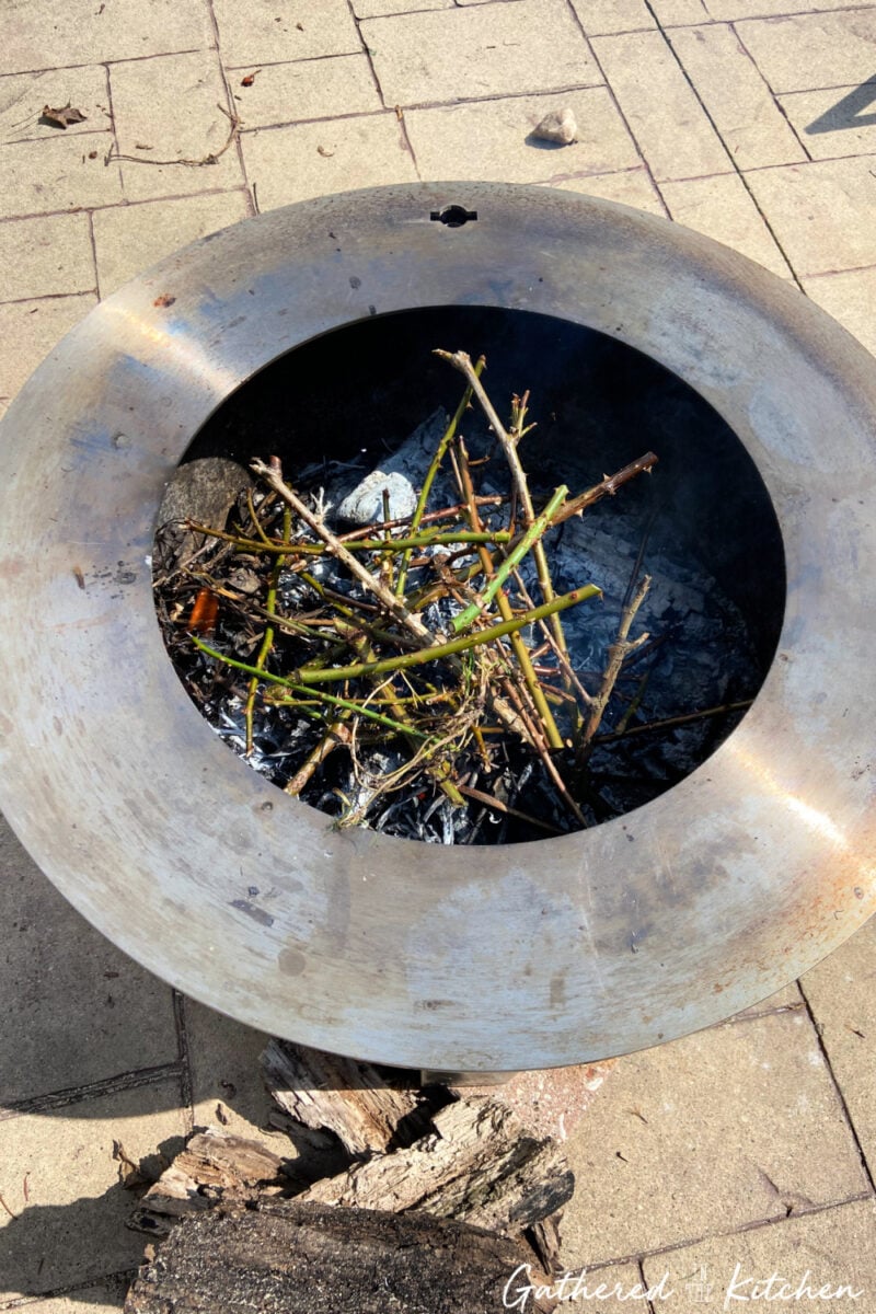 Sticks and branch clippings burning in an outdoor fire pit during spring garden cleanup.