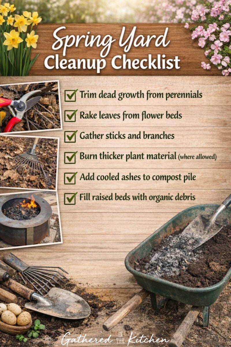 Spring yard cleanup checklist graphic showing steps for trimming dead perennials, raking leaves from flower beds, gathering sticks, burning plant debris, adding cooled ashes to compost, and filling raised garden beds with organic material.