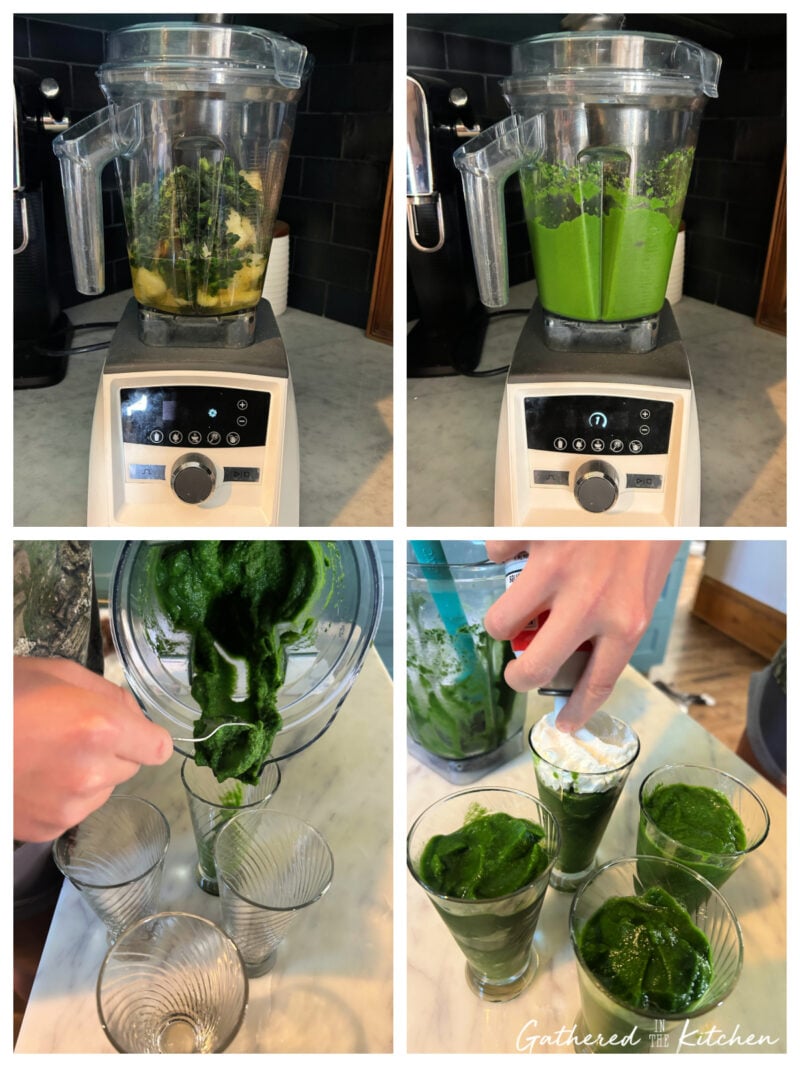 Step-by-step collage showing frozen spinach, pineapple and apple juice blended into a green smoothie and served with whipped cream | Gathered In The Kitchen